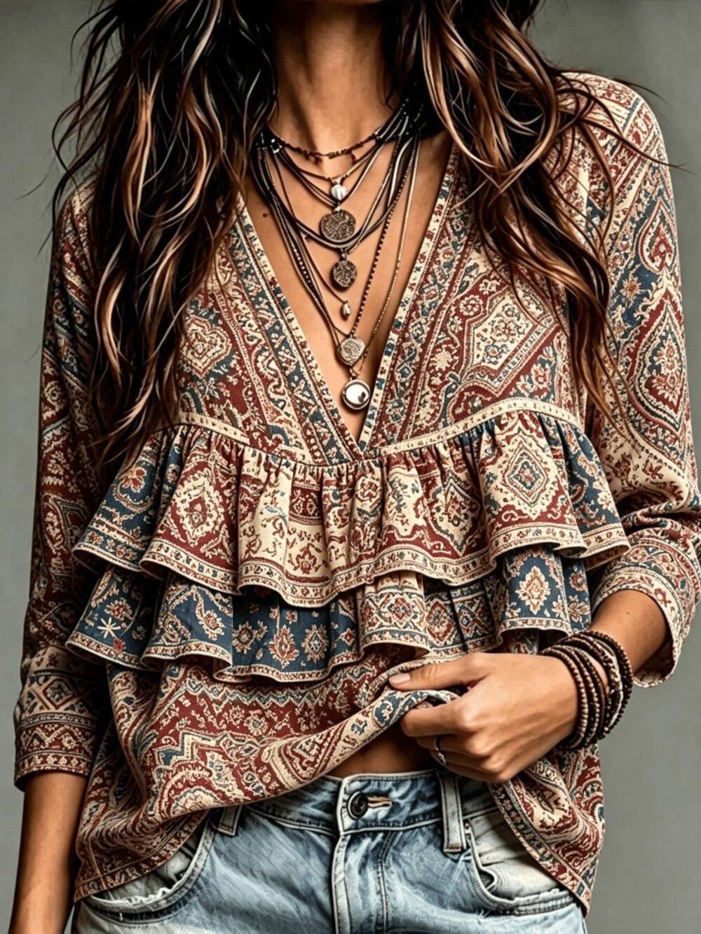 Multicolor Casual Women's Deep V Neck Ruffle Tiered Layer Top